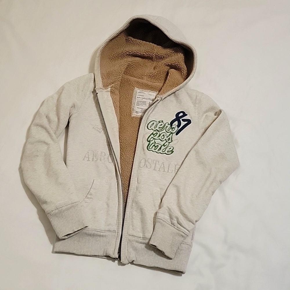 Aeropostale Light Grey Heather Sherpa-Lined Zip Up Hoodie Size SP